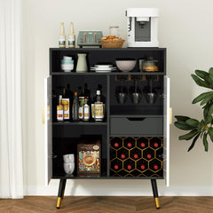 EOYUTLLY Coffee Bar Cabinet with Power Outlet & LED Light, Liquor Cabinet with Wine Rack & Glasse Holder, Wine Cabinet with Drawer for Home Bar, Black & White