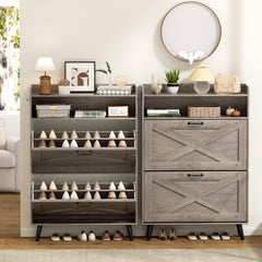 EOYUTLLY Shoe Storage Cabinet with 2 Flip Drawers & Open Shelf, Shoe Cabinet with Small Bench, Freestanding Shoe Organizer for Entryway, Narrow Shoe Rack with Legs, Rustic Brown