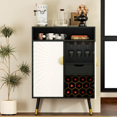 EOYUTLLY Coffee Bar Cabinet with Power Outlet & LED Light, Liquor Cabinet with Wine Rack & Glasse Holder, Wine Cabinet with Drawer for Home Bar, Black & White