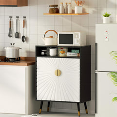 EOYUTLLY Coffee Bar Cabinet with Power Outlet & LED Light, Liquor Cabinet with Wine Rack & Glasse Holder, Wine Cabinet with Drawer for Home Bar, Black & White