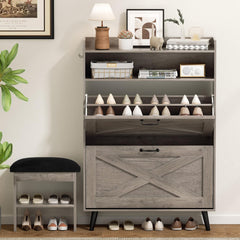 EOYUTLLY Shoe Cabinet Storage for Entryway, Narrow Shoe Rack Cabinet with 3 Flip Drawers & Coat Rack, Hidden Shoe Storage Cabinet, 2-in-1 Hall Tree Slim Freestanding Shoe Rack Organizer, Rustic Brown