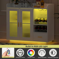 Wine Bar Cabinet with LED Lights, Floating Coffee Bar Cabinet with Wine and Glass Rack, Modern Liquor Cabinet with Glass Doors and Drawers for Living Room, Black