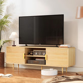 TV Stand for 65 Inch TV, Fluted TV Stand with Curved Profile, Modern Entertainment Center TV Console Table with Sliding Doors & Adjustable Shelves, TV Stands for Living Room Bedroom, Black