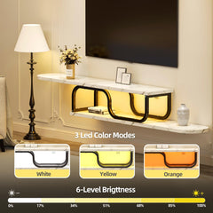 55”Floating Entertainment Center with LED Lights for 60/65/70 Inch TV, Floating TV Shelf with 5 Timers & 3 Colors & 6 Brightness Levels, Marble Wall-Mounted TV Stand for Living Room,Bedroom, White