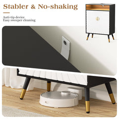 EOYUTLLY Buffet Cabinet with Storage, Buffet Cabinet with Charging Station & LED Light, Sideboard Cabinet with Decorative Sunlight Pattern Door, Accent Cabinet for Living Room, Entryway, Black & White