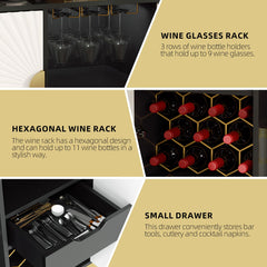 EOYUTLLY Coffee Bar Cabinet with Power Outlet & LED Light, Liquor Cabinet with Wine Rack & Glasse Holder, Wine Cabinet with Drawer for Home Bar, Black & White