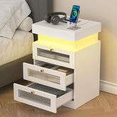 Nightstand with Charging Station and RGB LED Light, Modern Nightstand with Sliding Top, Bedside Table with 3 Drawers, End Table Side Table with Storage for Bedroom, White