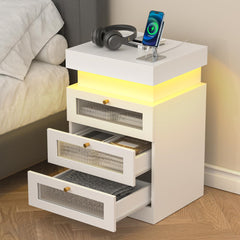 Nightstand with Charging Station and RGB LED Light, Modern Nightstand with Sliding Top, Bedside Table with 3 Drawers, End Table Side Table with Storage for Bedroom, White