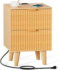 Urban Deco Fluted Nightstand with Charging Station, Mid Century Modern Nightstand, Wooden Side Table with 2 Fluted Drawers, End Table with Solid Wood Legs for Bedroom, 15.4 x 15.4 x 22.8 in (Natural)
