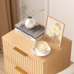 Urban Deco Wooden Nightstand with 2 Drawers, Small Bedside Table with Storage, Mid Century Modern End Side Table with Wood Fluted Drawers for Bedroom, Living Room(Natural)