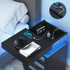 Nightstand with Charging Station, LED Nightstand with Sliding Top, Modern Black Nightstand with 3 Acrylic Drawers, Bedside Table with Storage for Bedroom, Black