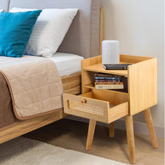 EOYUTLLY Rattan Nightstand Side Table with Storage Drawer and Open Shelf, Bedside Table for Solid Wood Legs, Modern End Table for Living Room, Bedroom and Small Space, Natural