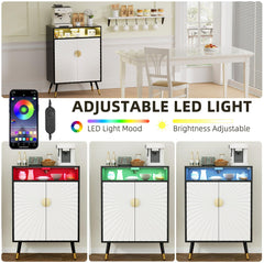 EOYUTLLY Coffee Bar Cabinet with Power Outlet & LED Light, Liquor Cabinet with Wine Rack & Glasse Holder, Wine Cabinet with Drawer for Home Bar, Black & White