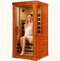 Far Infrared Sauna for Home One Person, 1170W Fast Heating Solid Wood Indoor Dry Sauna Room with LCD Display, Tempered Glass Door/Bluetooth Speakers/Vent and LED Lighting, Easy Assembly