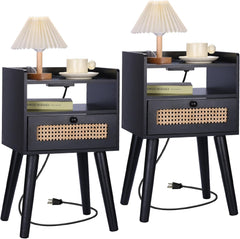 EOYUTLLY Nightstand Set of 2, End Table with Charging Station and Drawer Storage, Bedside Table with USB Ports Modern End Table for Living Room, Bedroom and Small Space, Black