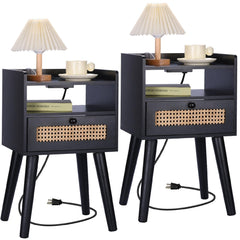 EOYUTLLY Nightstand Set of 2, End Table with Charging Station and Drawer Storage, Bedside Table with USB Ports Modern End Table for Living Room, Bedroom and Small Space, Black
