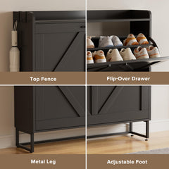 EOYUTLLY Shoe Cabinet Storage for Entryway, Narrow Shoe Rack Cabinet with 3 Flip Drawers & Coat Rack, Hidden Shoe Storage Cabinet, 2-in-1 Hall Tree Slim Freestanding Shoe Rack Organizer, Rustic Brown