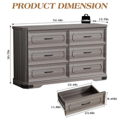 6 Drawer Dresser, 52" Wide Modern Chest of Drawers with Embossed Textures & Beveled Edges, Wood Double Dresser Farmhouse Storage Dressers Drawer Organizers for Bedroom, Living Room, Grey