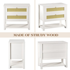 Set of 2 White Rattan Nightstands Side Tables Bedroom with 2 Drawers Tall Bedside Table Large Rattan Nightstand with Large Capacity & Storage Shelf Night Stand with Solid Wooden Leg