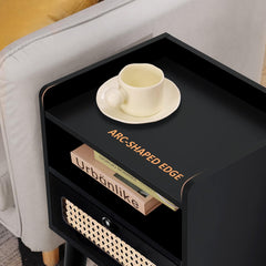 EOYUTLLY Nightstand Set of 2, Side Table with Storage Drawer and Open Shelf, Bedside Table for Solid Wood Legs, Modern End Table for Living Room, Bedroom and Small Space, Black