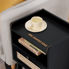 EOYUTLLY Nightstand with Charging Station Side Table with Rattan Drawer Storage, Bedside Table with USB Ports Modern Wooden End Table for Living Room, Bedroom and Small Space, Black