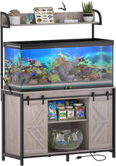 SYESWAY 55-75 Gallon Fish Tank Stand with Power Outlets, Heavy Duty Metal Frame Aquarium Stand with Barn Door, Turtle Reptile Terrariums Stand, 1000LBS Capacity, Brown
