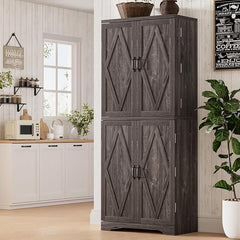 72” Pantry Cabinet, Tall Kitchen Storage Cabinet with 2-Raw Wine Rack, 10 Hooks & 6 Door Shelves, Modern Farmhouse Cupboard with Adjustable Shelf and Drawer for Kitchen, Dining Room, White (White)