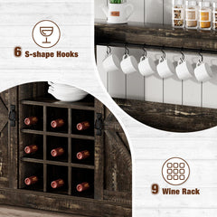 Coffee Bar Cabinet, 47" Farmhouse Sideboard Buffet Cabinet with Sliding Barn Door, Wine Rack & 6 Hooks, Wine Bar Cabinet for Home Dining Living Room, Dark Rustic Oak