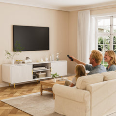 TV Stand for 65 Inch TV, Fluted TV Stand with Curved Profile, Modern Entertainment Center TV Console Table with Sliding Doors & Adjustable Shelves, TV Stands for Living Room Bedroom, Black