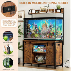 55-75 Gallon Fish Tank Stand with Power Outlets, Heavy Duty Metal Frame Aquarium Stand with Barn Door, Turtle Reptile Terrariums Stand, 1000LBS Capacity, Brown