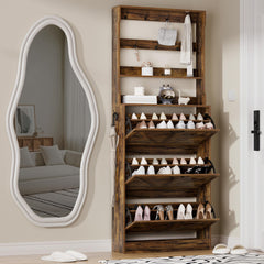 EOYUTLLY Shoe Cabinet Storage for Entryway, Narrow Shoe Rack Cabinet with 3 Flip Drawers & Coat Rack, Hidden Shoe Storage Cabinet, 2-in-1 Hall Tree Slim Freestanding Shoe Rack Organizer, Rustic Brown