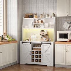 Coffee Bar Cabinet, 47" Farmhouse Sideboard Buffet Cabinet with Sliding Barn Door, Wine Rack & 6 Hooks, Wine Bar Cabinet for Home Dining Living Room, Dark Rustic Oak