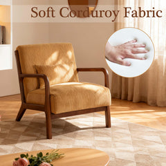 Mid Century Modern Accent Chairs, Upholstered Corduroy Fabric Lounge Arm Chair with Lumbar Cushion & Solid Wood Frame for for Living Room, Bedroom, Balcony, Camel