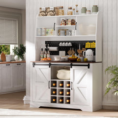 Coffee Bar Cabinet, 47" Farmhouse Sideboard Buffet Cabinet with Sliding Barn Door, Wine Rack & 6 Hooks, Wine Bar Cabinet for Home Dining Living Room, Dark Rustic Oak