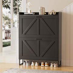 EOYUTLLY Shoe Cabinet Storage for Entryway, Narrow Shoe Rack Cabinet with 3 Flip Drawers & Coat Rack, Hidden Shoe Storage Cabinet, 2-in-1 Hall Tree Slim Freestanding Shoe Rack Organizer, Rustic Brown