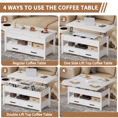 42'' Lift Top Coffee Table, 4-in-1 Multifunctional Lift Coffee Table with Storage & Hidden Compartments, Farmhouse Coffe Table with Lifting top for Living Room, Dining Reception Room, White