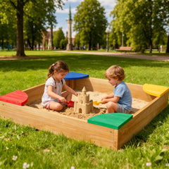 Kids Wooden Sandbox with Colorful Seats, Outdoor Sand Box for Backyard, Large Cedar Play Sandpit for Toddlers & Kids Ages 3-8