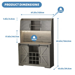 Coffee Bar Cabinet, 47" Farmhouse Sideboard Buffet Cabinet with Sliding Barn Door, Wine Rack & 6 Hooks, Wine Bar Cabinet for Home Dining Living Room, Dark Rustic Oak