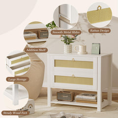 Set of 2 White Rattan Nightstands Side Tables Bedroom with 2 Drawers Tall Bedside Table Large Rattan Nightstand with Large Capacity & Storage Shelf Night Stand with Solid Wooden Leg