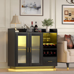Wine Bar Cabinet with LED Lights, Floating Coffee Bar Cabinet with Wine and Glass Rack, Modern Liquor Cabinet with Glass Doors and Drawers for Living Room, Black