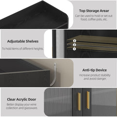 Wine Bar Cabinet with LED Lights, Floating Coffee Bar Cabinet with Wine and Glass Rack, Modern Liquor Cabinet with Glass Doors and Drawers for Living Room, Black