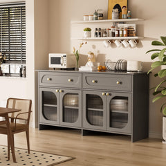 Buffet Cabinet with Storage and LED Light, 55” Sideboard Buffet Cabinet with 4 Glass Doors & 2 Drawers & Adjustable, Modern Credenza Coffee Bar Cabinets Buffets Table for Kitchen, Dining Room, Grey