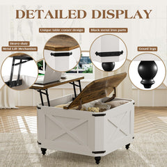 39.4" Lift Top Coffee Table with Charging Station, High-Glossy Marbling Print Center Table with Hidden Compartment Storage, LED Coffee Table for Living Room, White