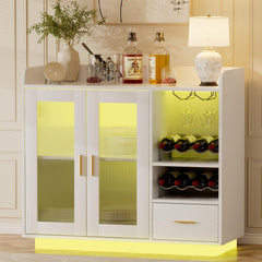 Wine Bar Cabinet with LED Lights, Floating Coffee Bar Cabinet with Wine and Glass Rack, Modern Liquor Cabinet with Glass Doors and Drawers for Living Room, Black