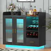 Wine Bar Cabinet with LED Lights, Floating Coffee Bar Cabinet with Wine and Glass Rack, Modern Liquor Cabinet with Glass Doors and Drawers for Living Room, Black