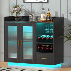 Wine Bar Cabinet with LED Lights, Floating Coffee Bar Cabinet with Wine and Glass Rack, Modern Liquor Cabinet with Glass Doors and Drawers for Living Room, Black
