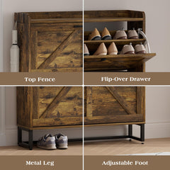 EOYUTLLY Shoe Cabinet Storage for Entryway, Narrow Shoe Rack Cabinet with 3 Flip Drawers & Coat Rack, Hidden Shoe Storage Cabinet, 2-in-1 Hall Tree Slim Freestanding Shoe Rack Organizer, Rustic Brown