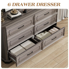 6 Drawer Dresser, 52" Wide Modern Chest of Drawers with Embossed Textures & Beveled Edges, Wood Double Dresser Farmhouse Storage Dressers Drawer Organizers for Bedroom, Living Room, Grey
