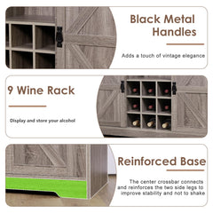 Coffee Bar Cabinet, Sliding Barn Door & Adjustable Shelves, 47" Farmhouse Coffee Bar Wine Bar Cabinet with Wine Rack & 6 Hooks, Bar Cabinet for Home Dining Living Room, Grey