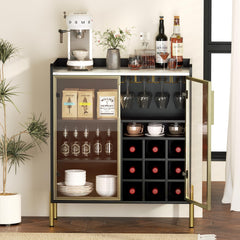 Coffee Bar Cabinet with Aluminum Frame Glass Door, Black Wine Bar & Liquor Cabinet, Modern Black Sideboard Buffet Cabinet with Storage for Kitchen, Dining Room & Living Room